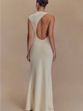 Meshki Cream Open-Back Evening Gown